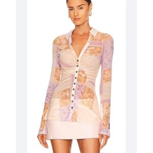 Free People Lucky Shirtee boho whimsical Print Ruched Mesh Long sleeve size L